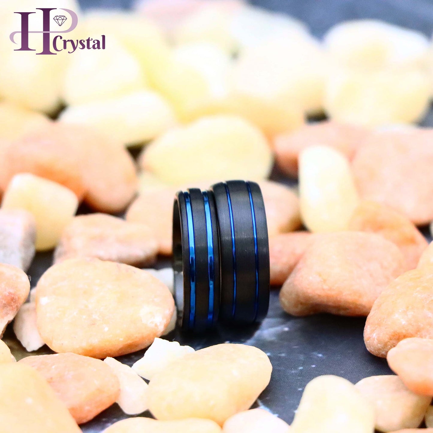 Dome Black IP Tungsten Ring with Two Blue IP Grooves