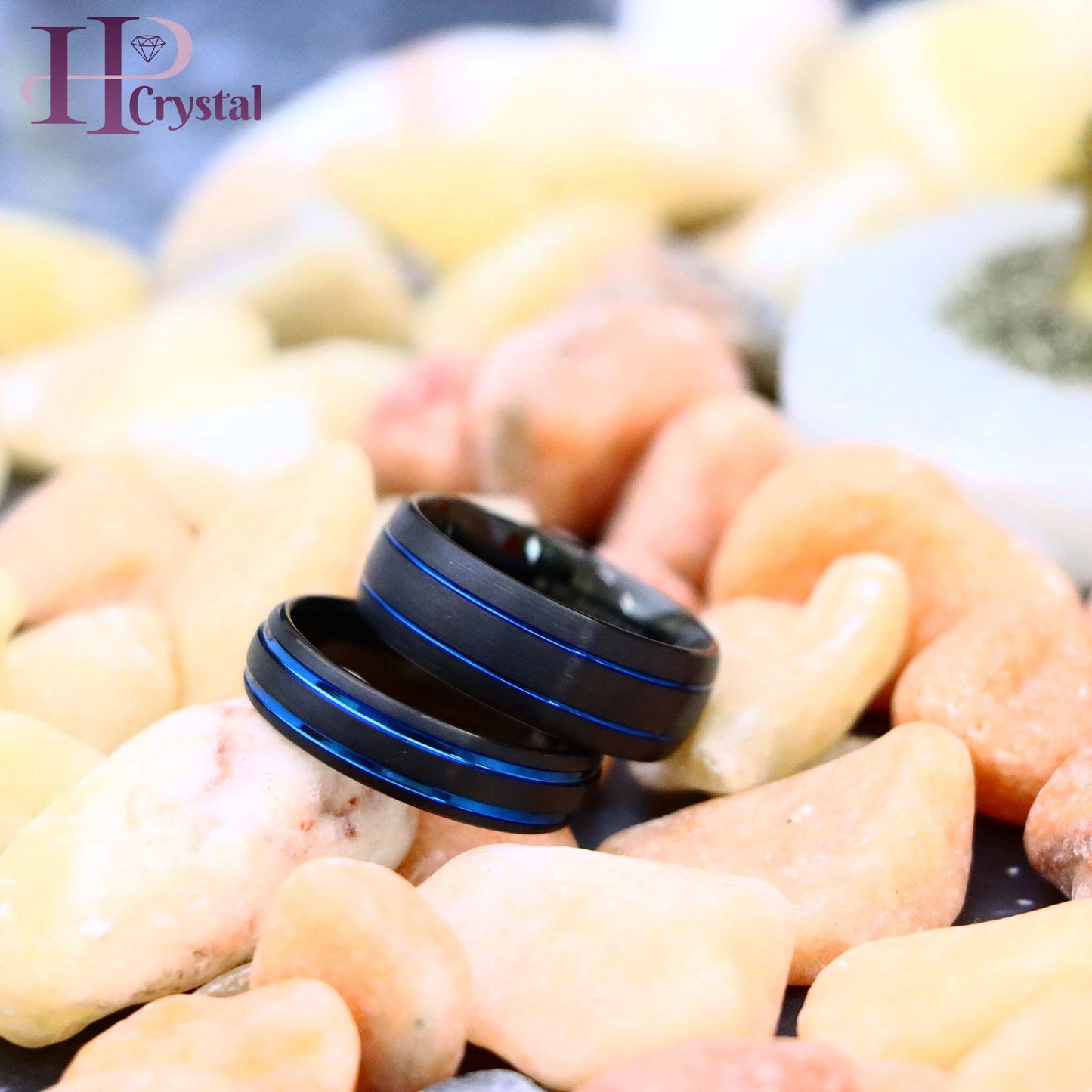Dome Black IP Tungsten Ring with Two Blue IP Grooves