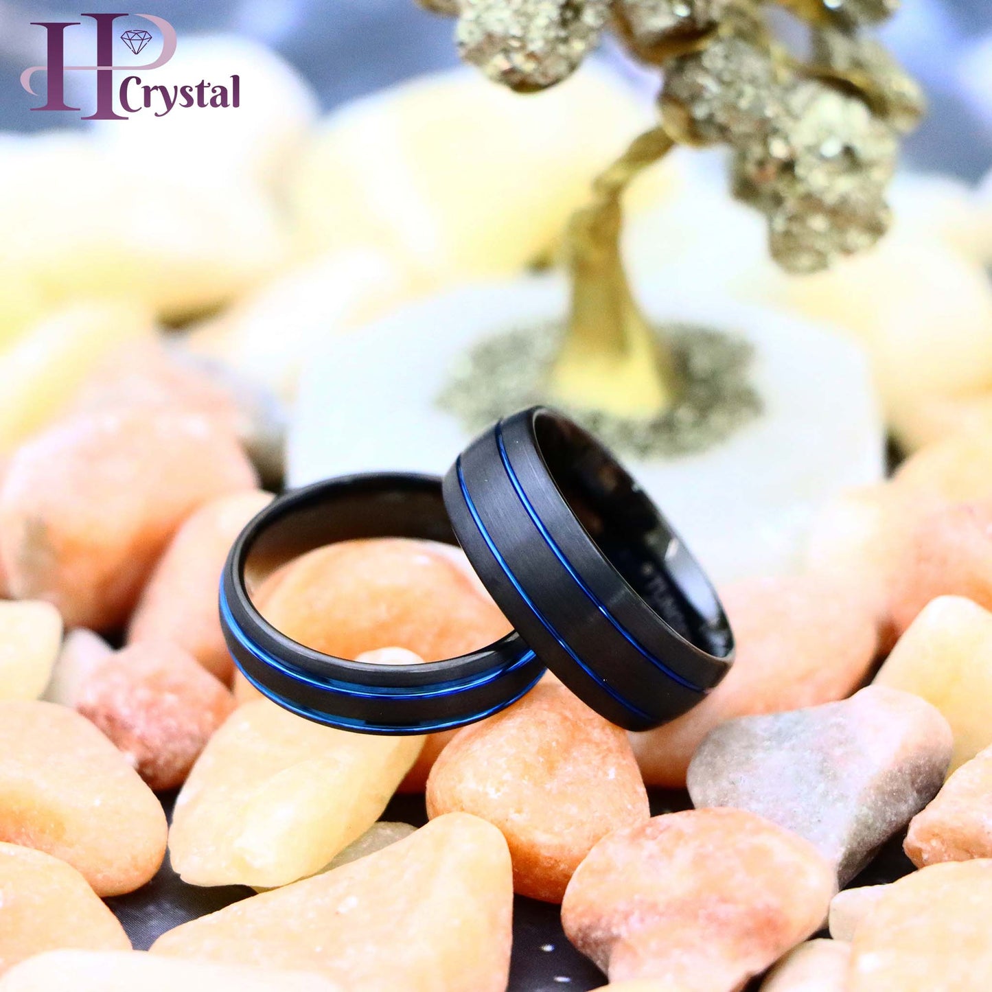Dome Black IP Tungsten Ring with Two Blue IP Grooves