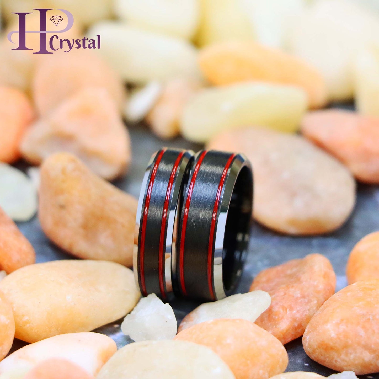 Charcoal Gray IP Plated Ice Finish with 2 Red Stripes Tungsten Ring