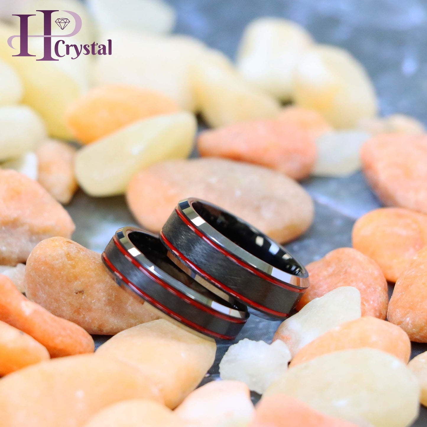 Charcoal Gray IP Plated Ice Finish with 2 Red Stripes Tungsten Ring