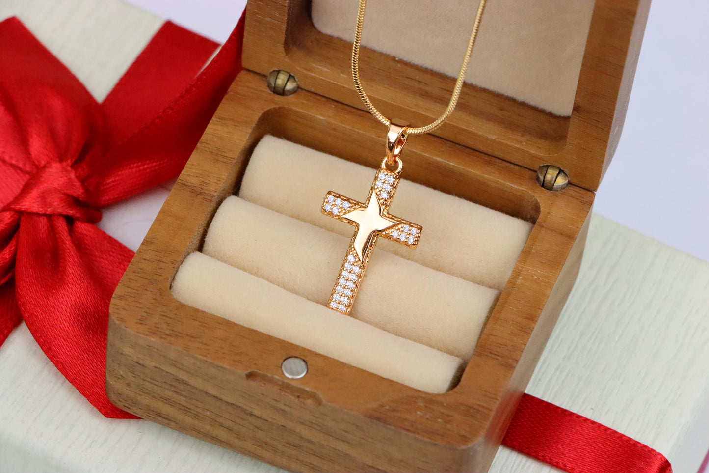 Rose Gold Cross Pendant with Star Design and Sparkling Accents, XPPT1748 (2151-10)