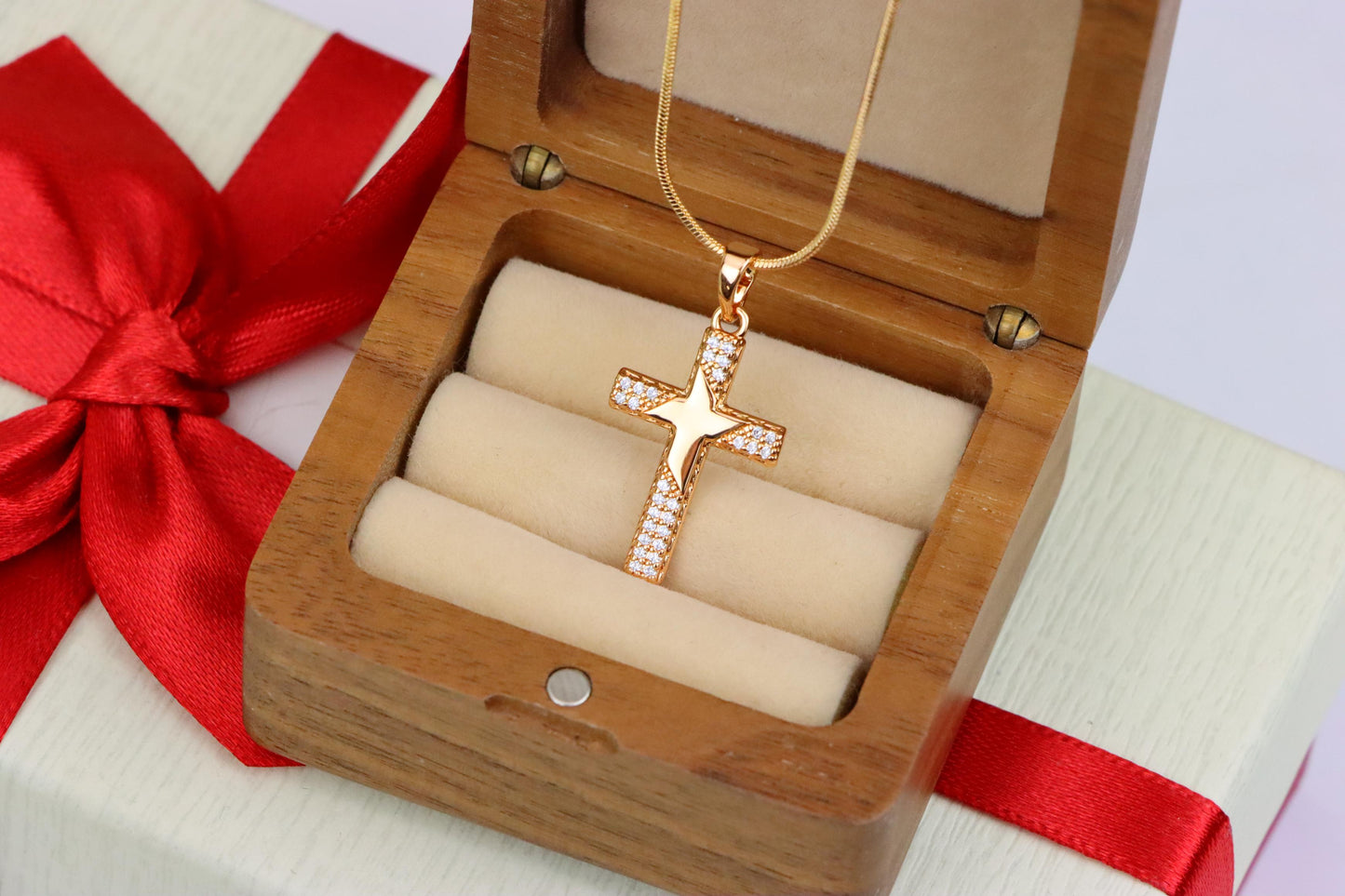 Rose Gold Cross Pendant with Star Design and Sparkling Accents, XPPT1748 (2151-10)