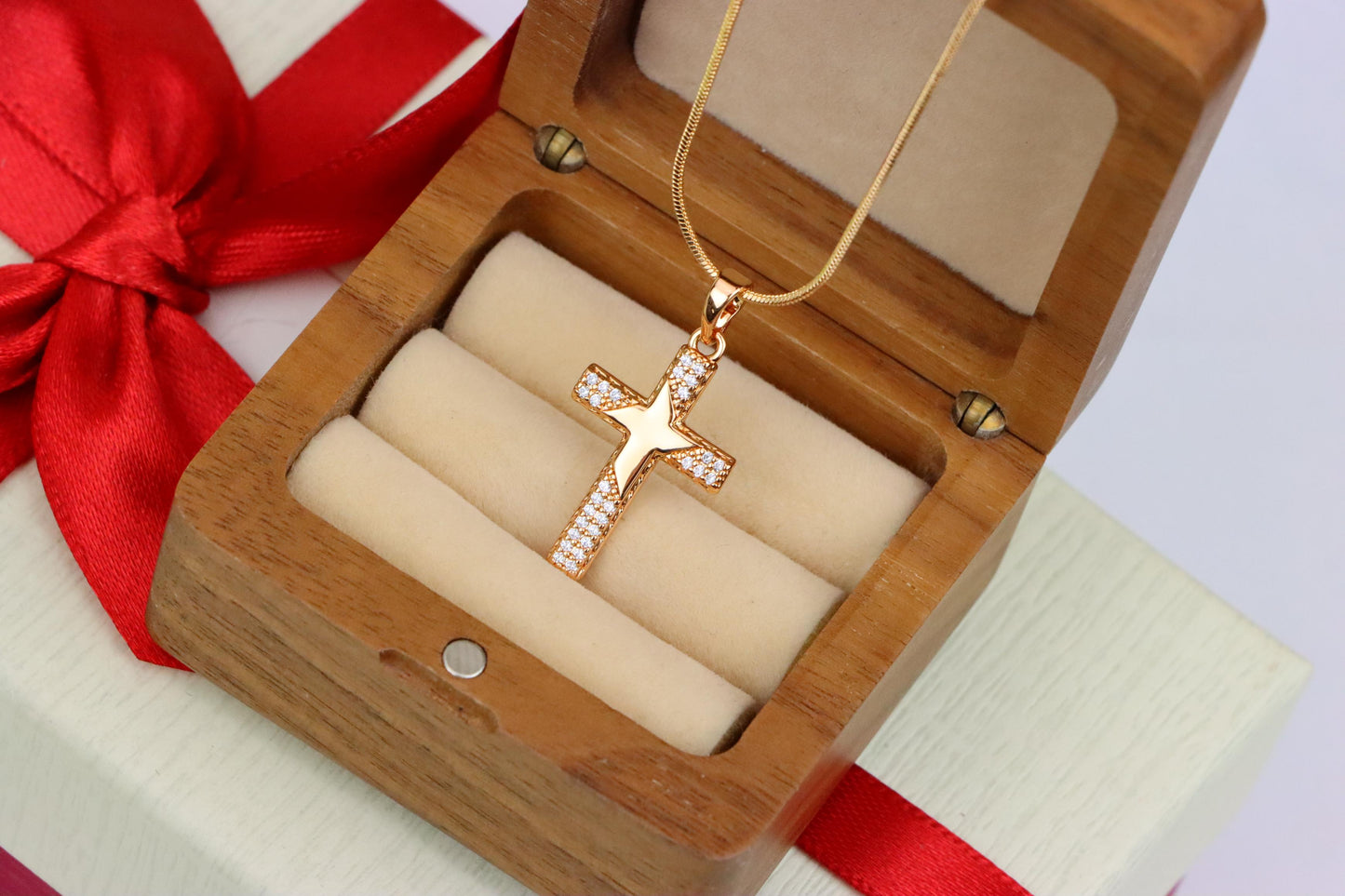 Rose Gold Cross Pendant with Star Design and Sparkling Accents, XPPT1748 (2151-10)