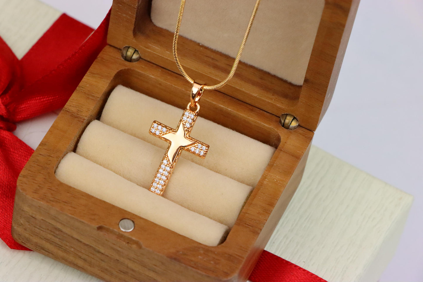Rose Gold Cross Pendant with Star Design and Sparkling Accents, XPPT1748 (2151-10)
