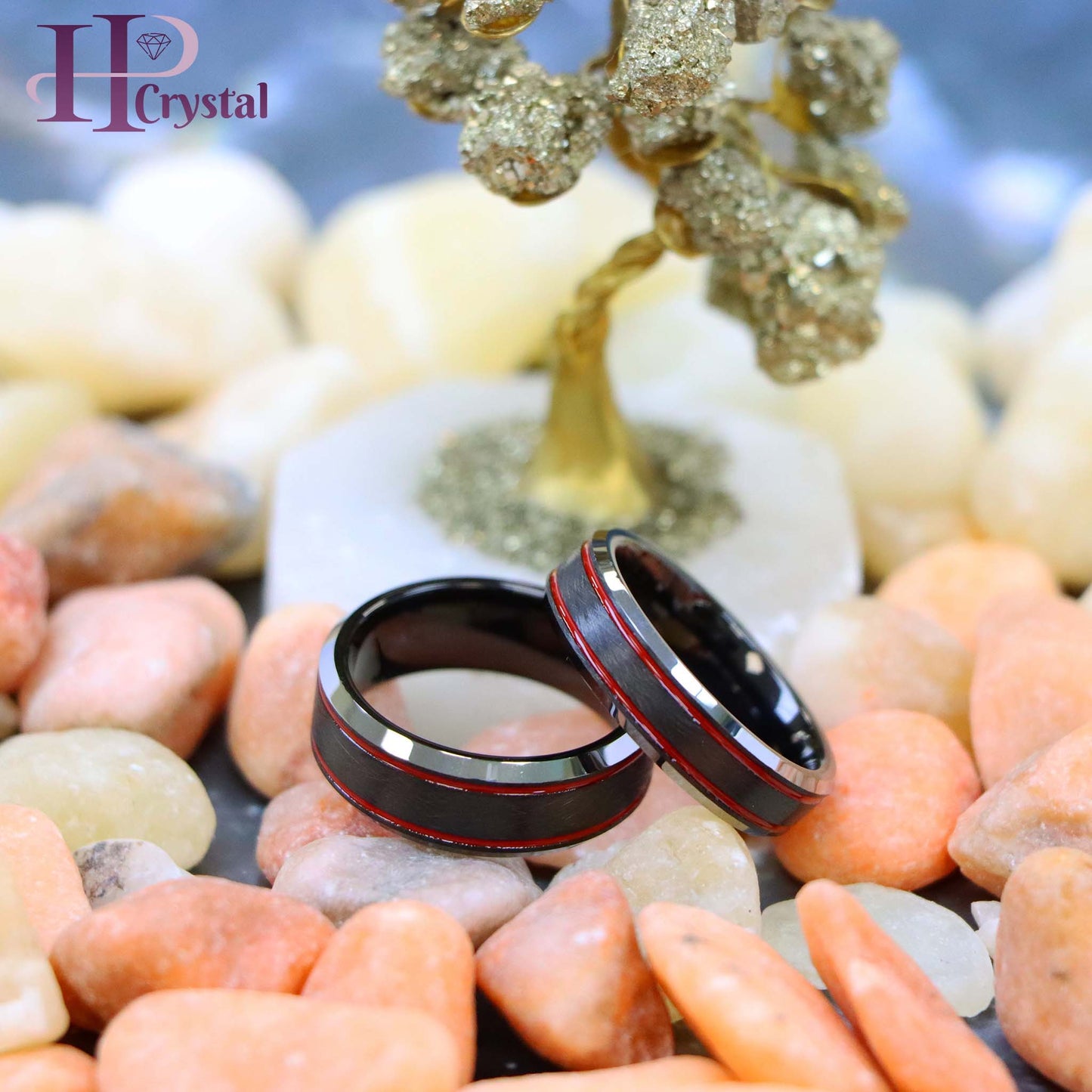 Charcoal Gray IP Plated Ice Finish with 2 Red Stripes Tungsten Ring