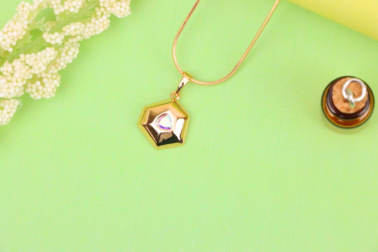 Gold-Plated Satin White Pendant with Iridescent Center Stone, XPPT1749 (2152-1)