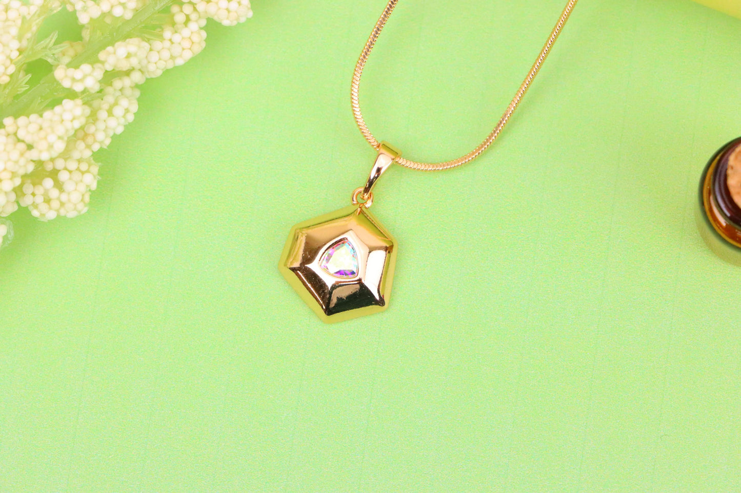 Gold-Plated Satin White Pendant with Iridescent Center Stone, XPPT1749 (2152-1)