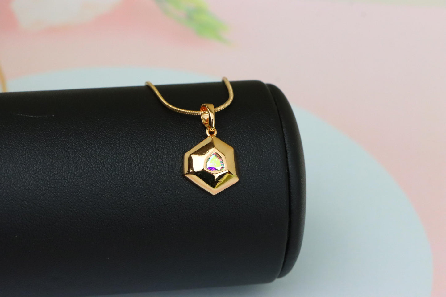 Gold-Plated Satin White Pendant with Iridescent Center Stone, XPPT1749 (2152-1)