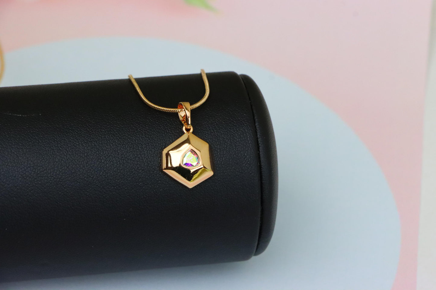 Gold-Plated Satin White Pendant with Iridescent Center Stone, XPPT1749 (2152-1)