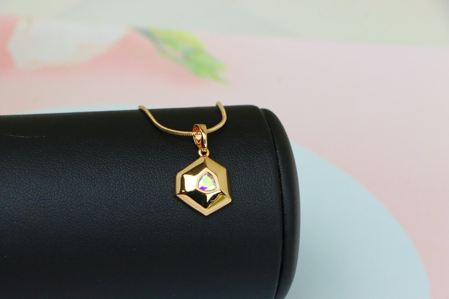 Gold-Plated Satin White Pendant with Iridescent Center Stone, XPPT1749 (2152-1)