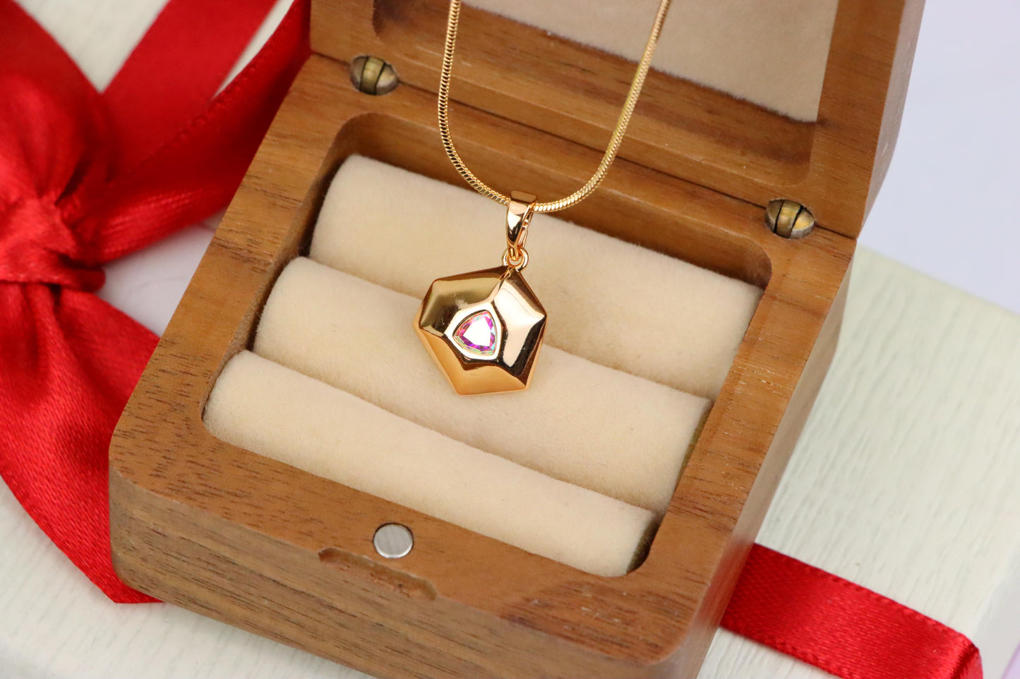 Gold-Plated Satin White Pendant with Iridescent Center Stone, XPPT1749 (2152-1)