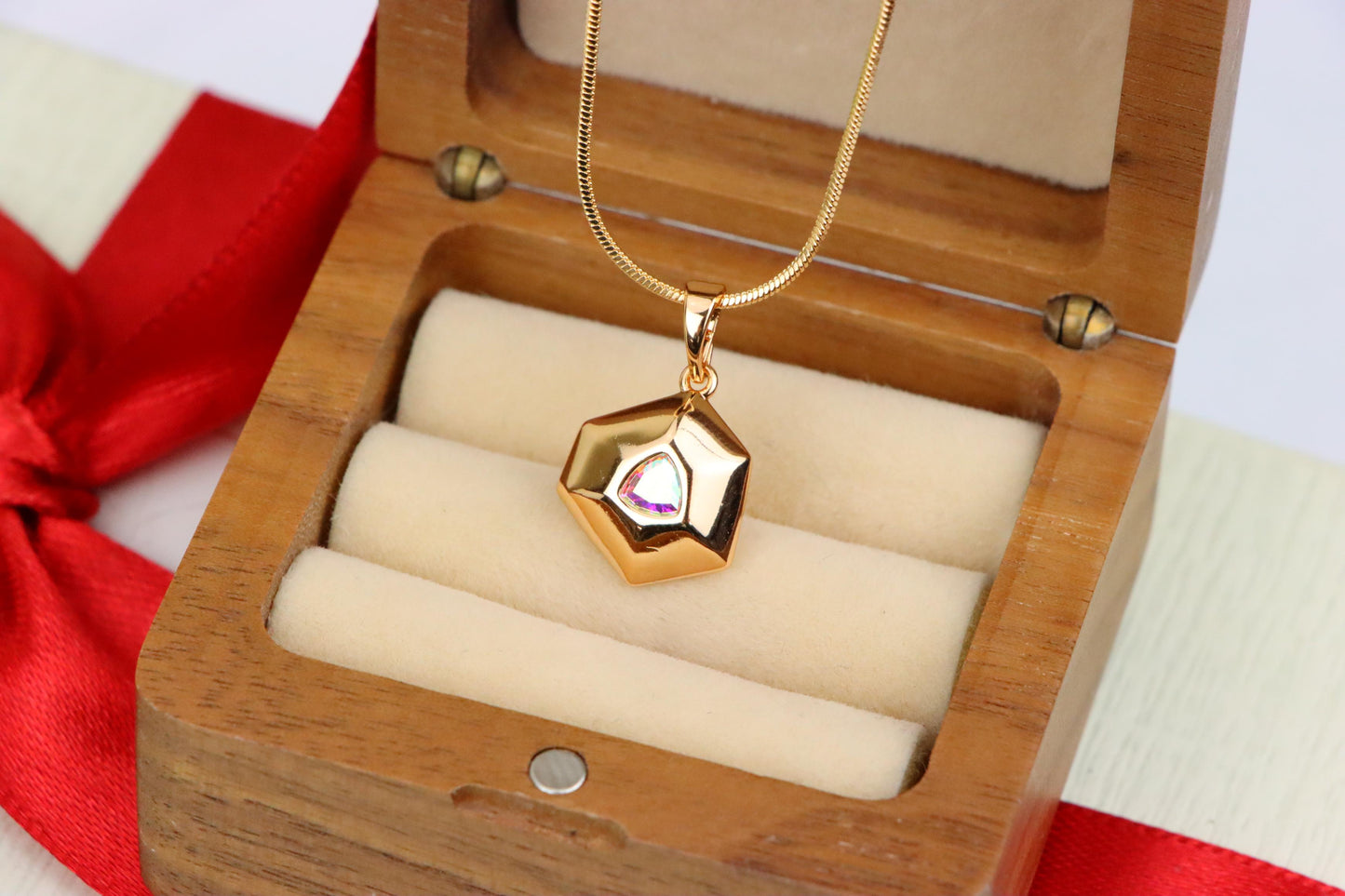 Gold-Plated Satin White Pendant with Iridescent Center Stone, XPPT1749 (2152-1)