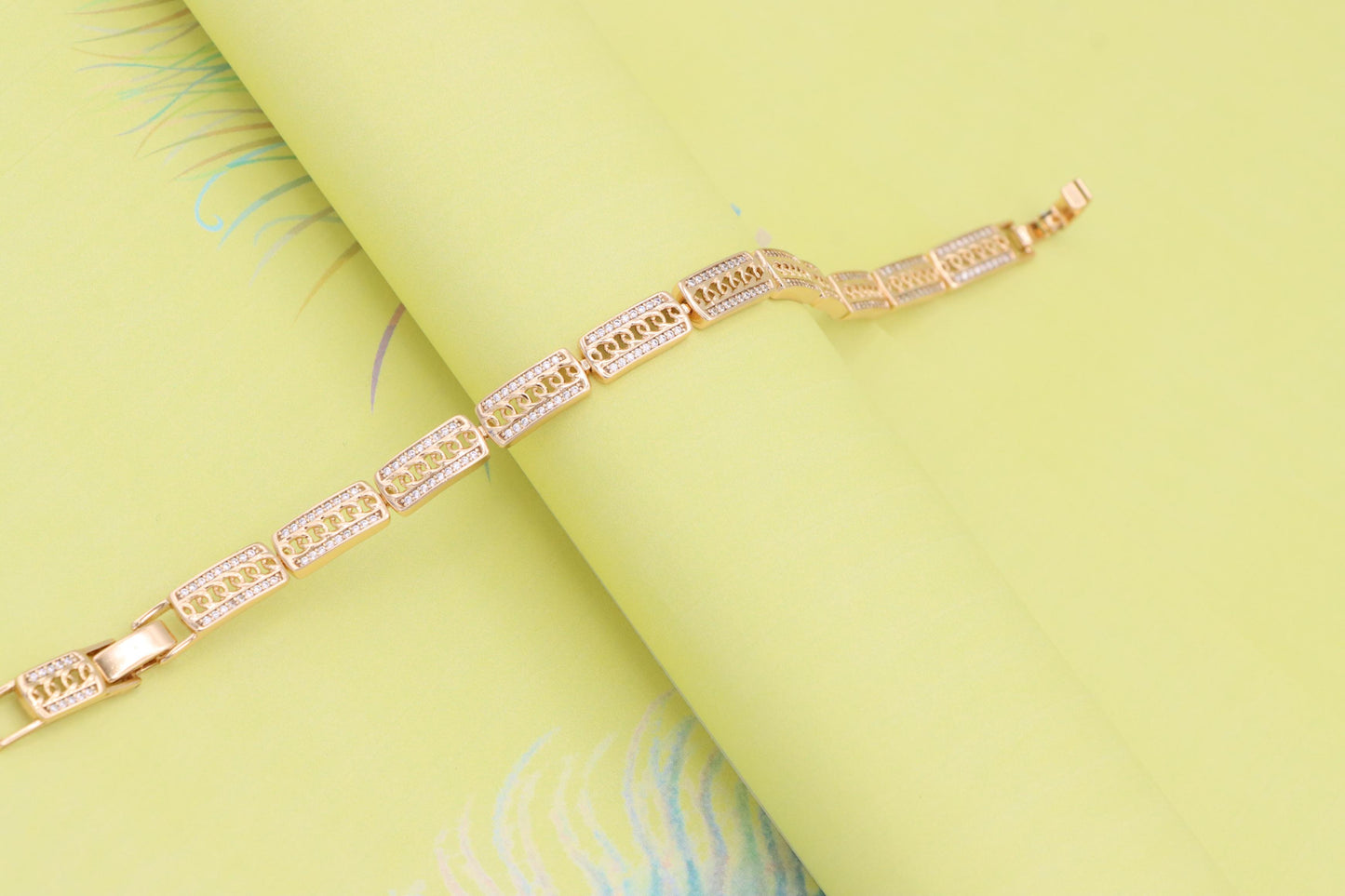 Rose Gold Rectangular Link Bracelet with Cubic Zirconia Accents, XPBL0971 (2097-10)