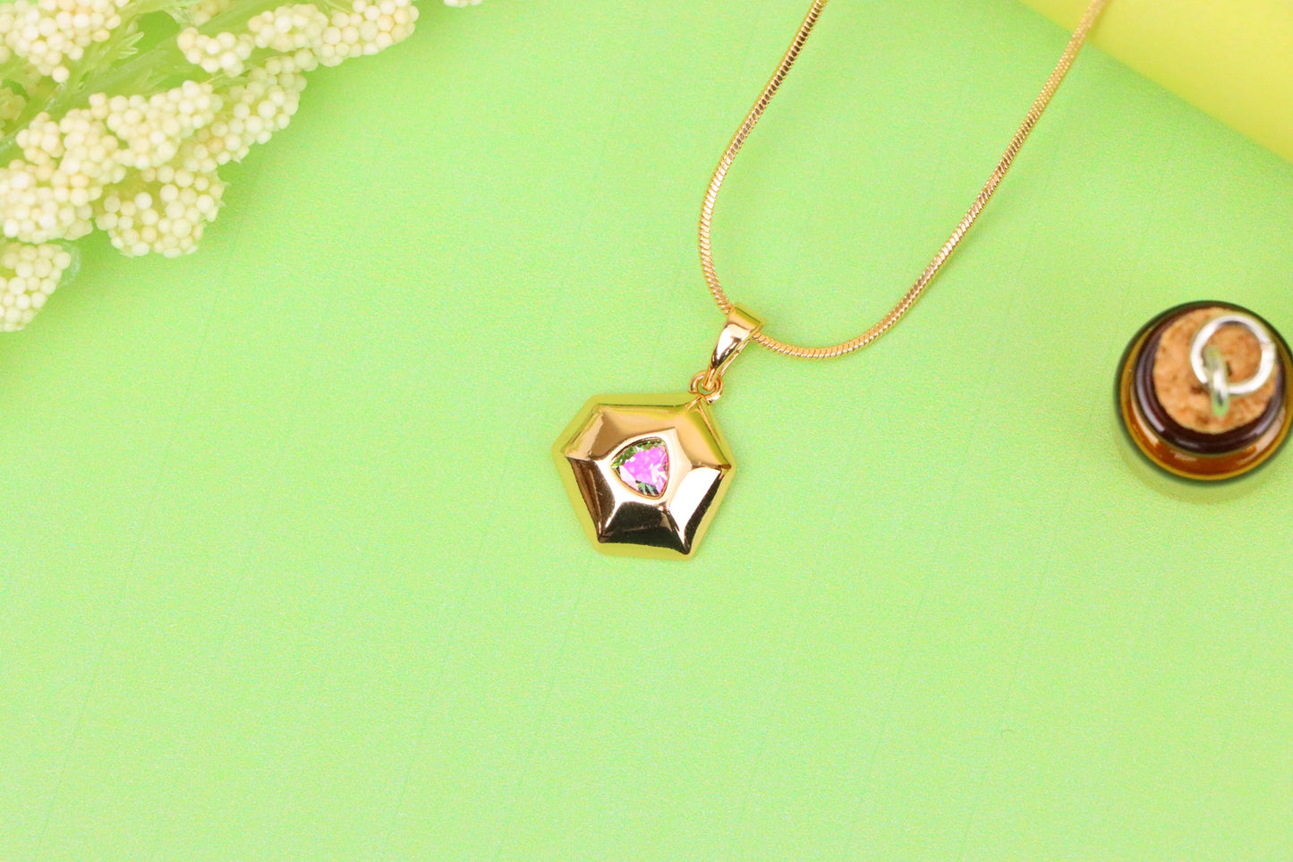 Gold-Plated Hexagon Pendant with Iridescent Rainbow Center Stone, XPPT1750 (2152-1)