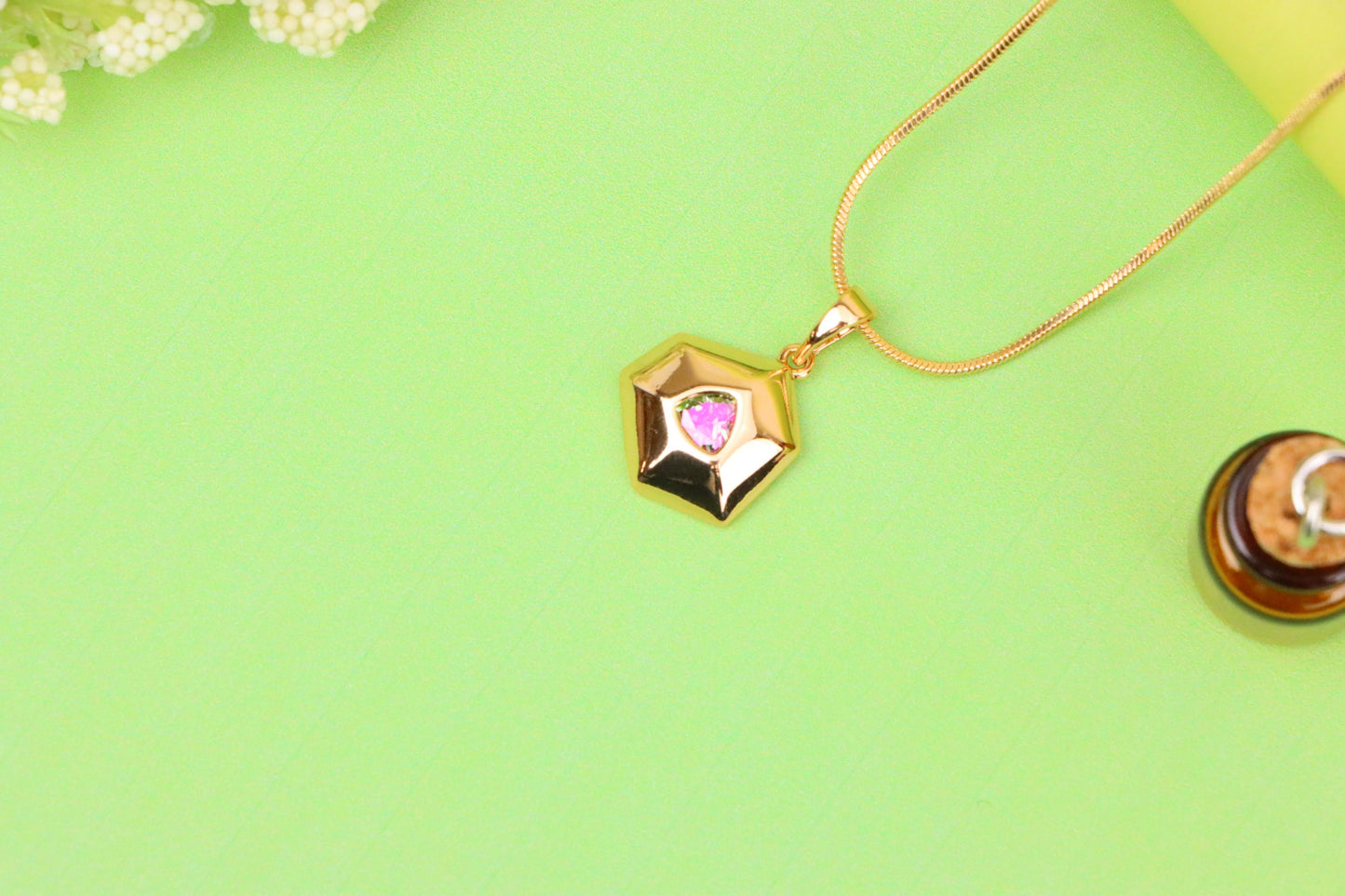 Gold-Plated Hexagon Pendant with Iridescent Rainbow Center Stone, XPPT1750 (2152-1)