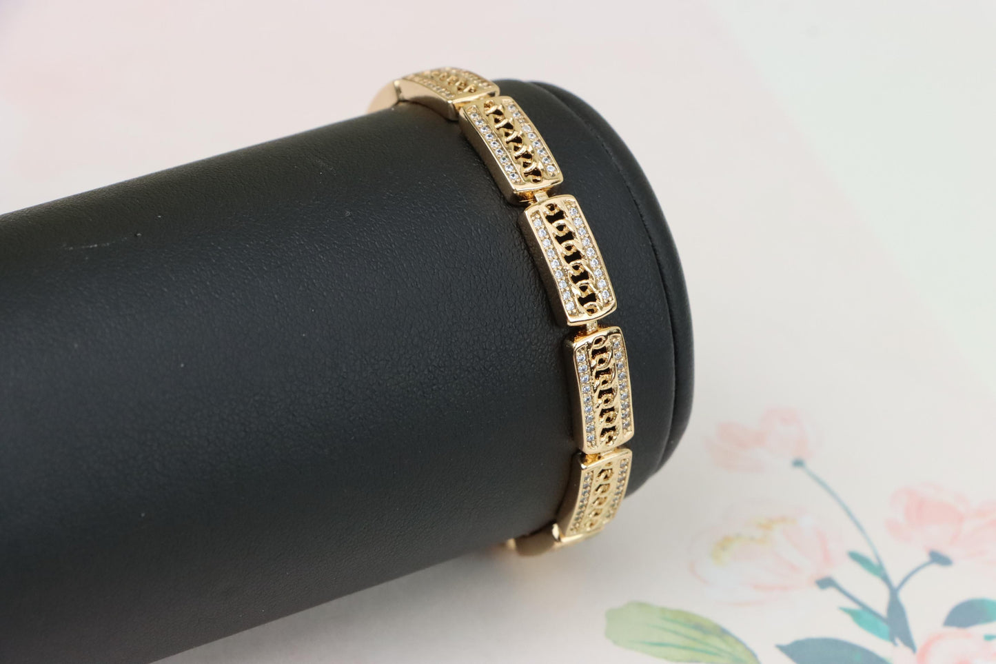 Rose Gold Rectangular Link Bracelet with Cubic Zirconia Accents, XPBL0971 (2097-10)