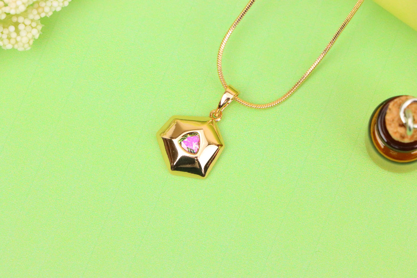 Gold-Plated Hexagon Pendant with Iridescent Rainbow Center Stone, XPPT1750 (2152-1)