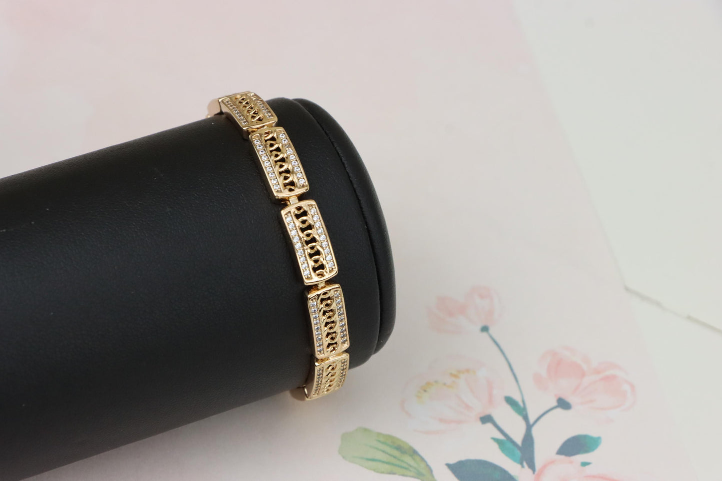 Rose Gold Rectangular Link Bracelet with Cubic Zirconia Accents, XPBL0971 (2097-10)