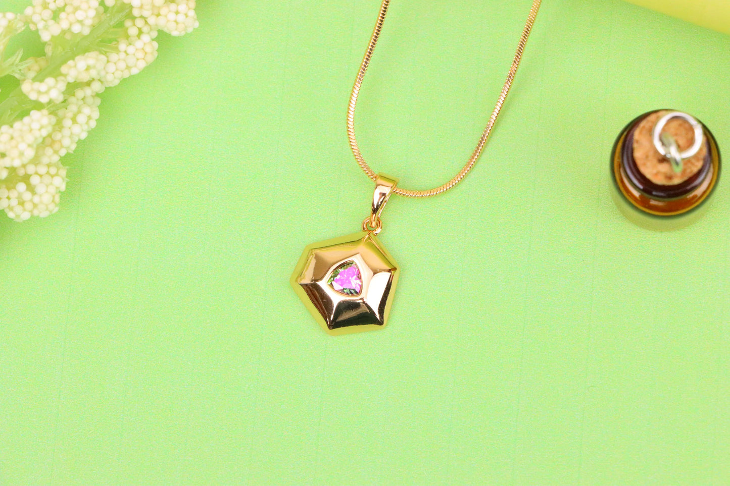 Gold-Plated Hexagon Pendant with Iridescent Rainbow Center Stone, XPPT1750 (2152-1)