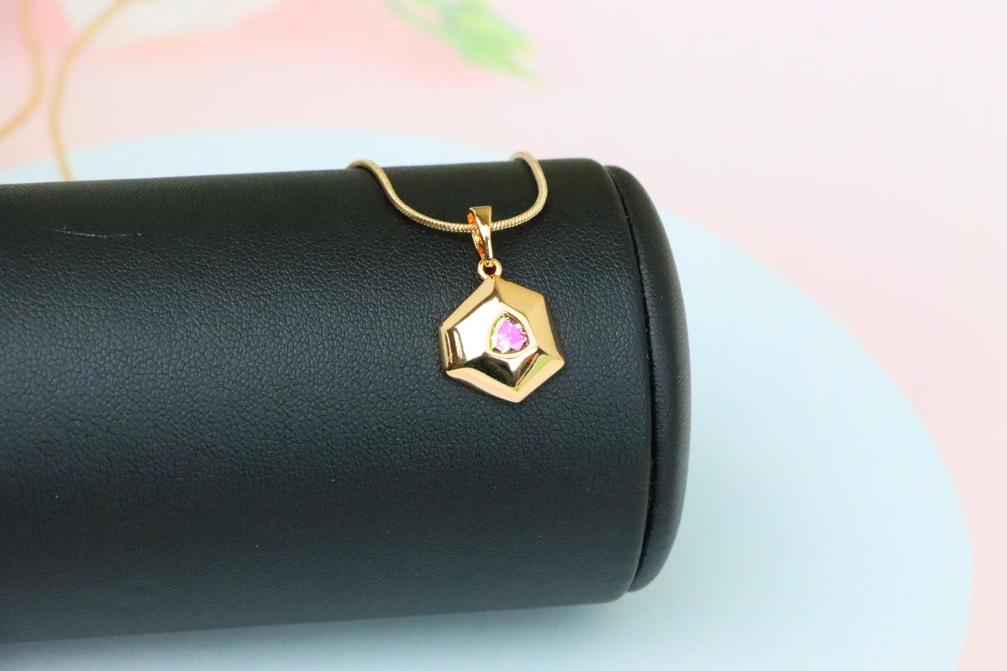Gold-Plated Hexagon Pendant with Iridescent Rainbow Center Stone, XPPT1750 (2152-1)
