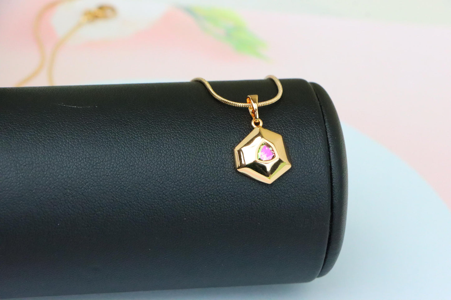 Gold-Plated Hexagon Pendant with Iridescent Rainbow Center Stone, XPPT1750 (2152-1)