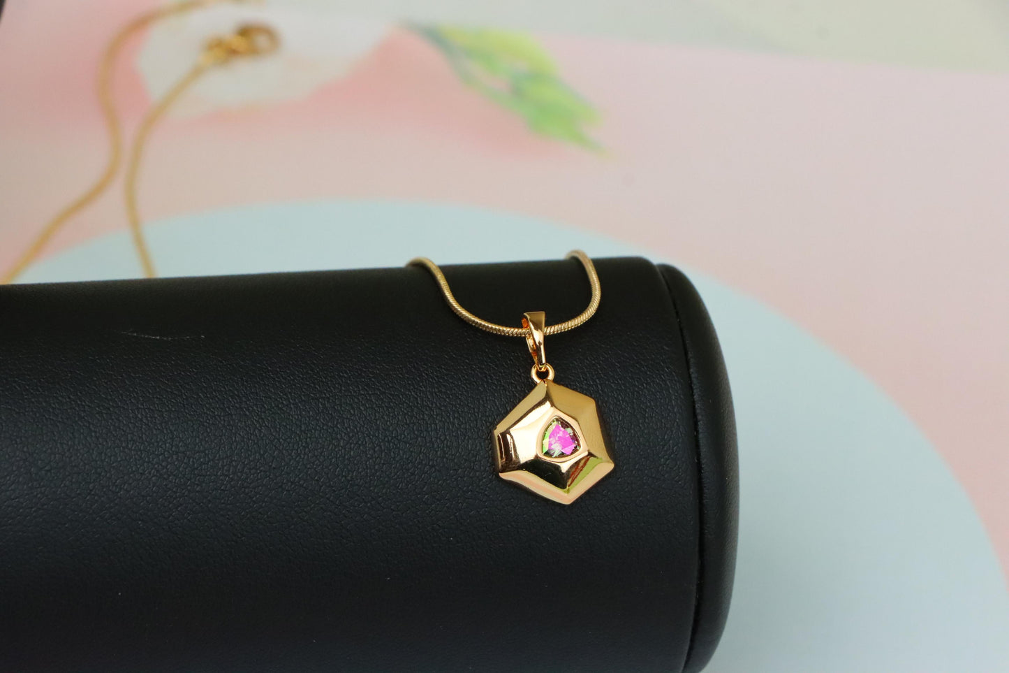Gold-Plated Hexagon Pendant with Iridescent Rainbow Center Stone, XPPT1750 (2152-1)