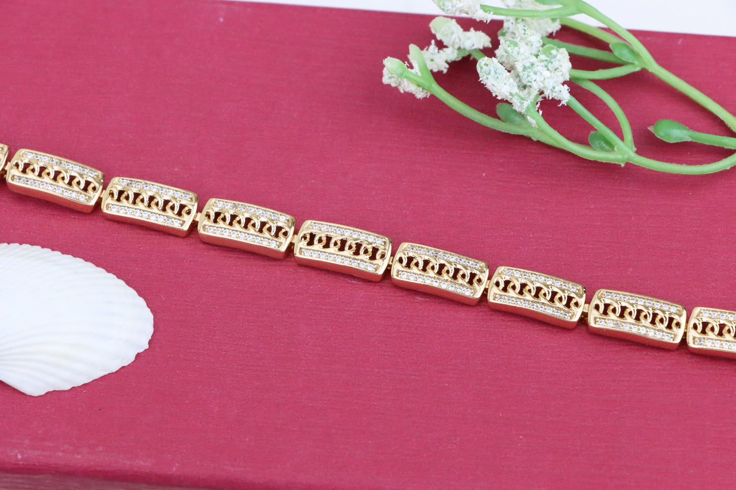 Rose Gold Rectangular Link Bracelet with Cubic Zirconia Accents, XPBL0971 (2097-10)