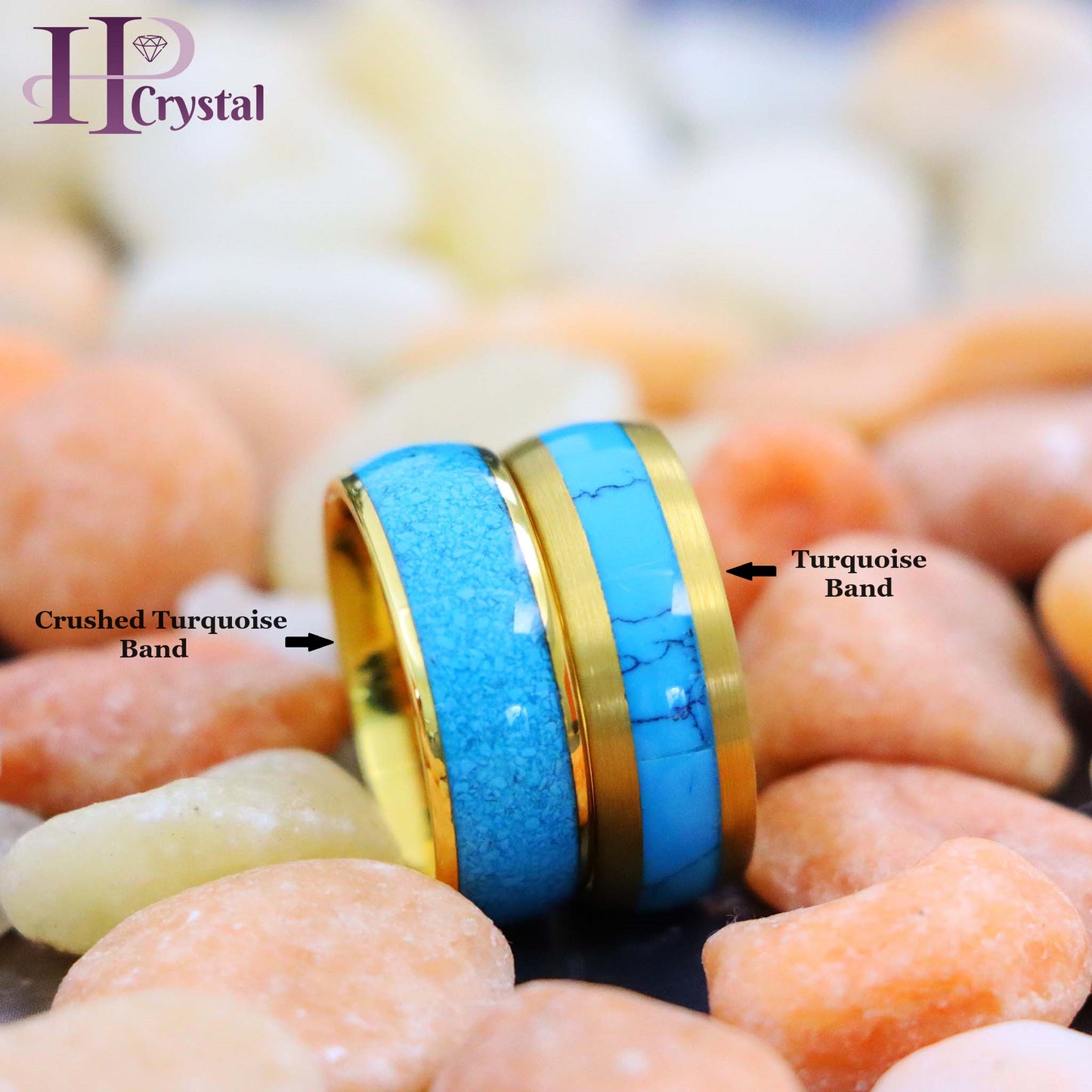 Domed Yellow Gold Plated Blue Turquoise Inlay/ Crushed Turquoise Tungsten Ring - Men's Fashion Jewelry (MARET1091)