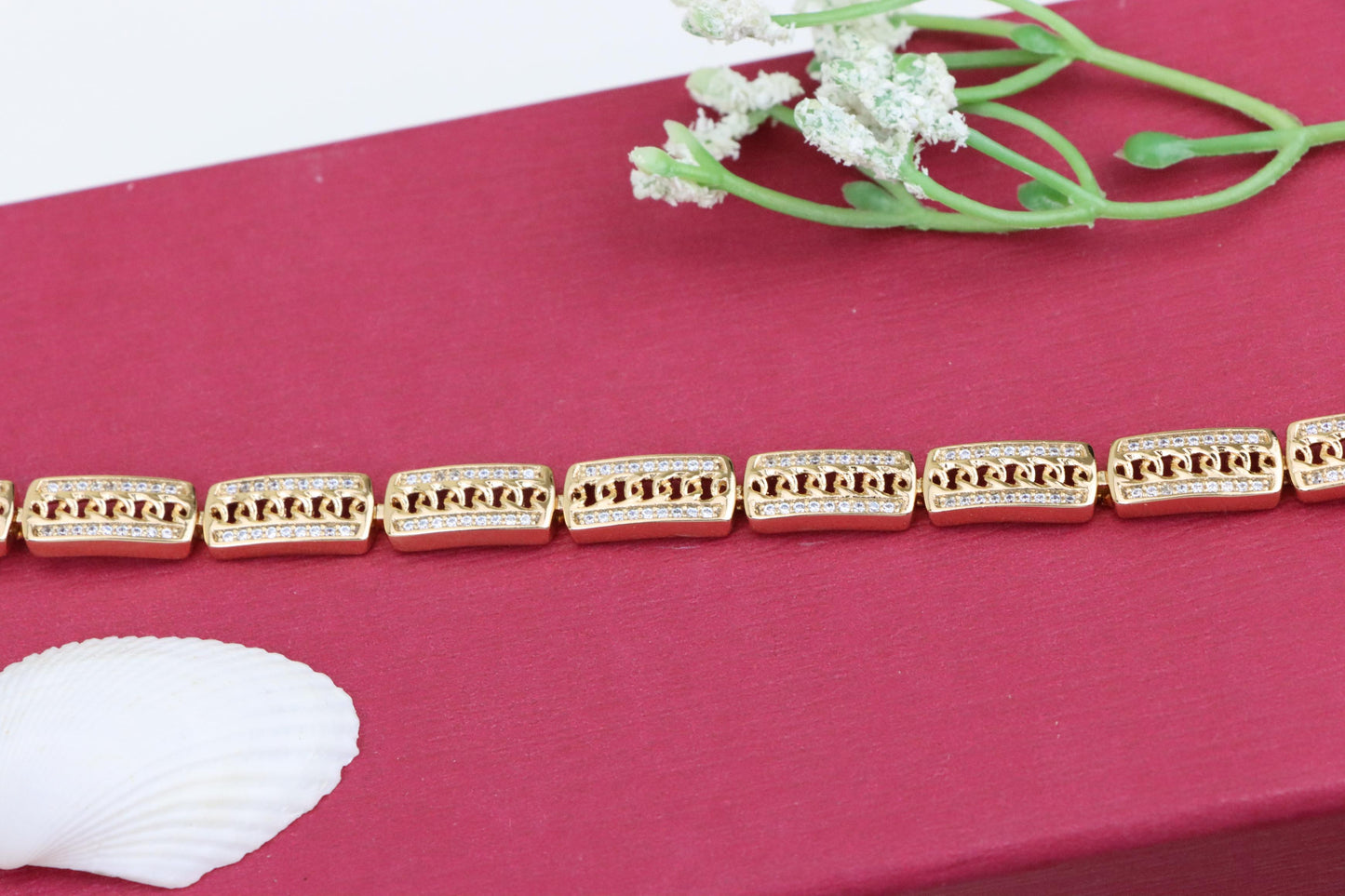 Rose Gold Rectangular Link Bracelet with Cubic Zirconia Accents, XPBL0971 (2097-10)
