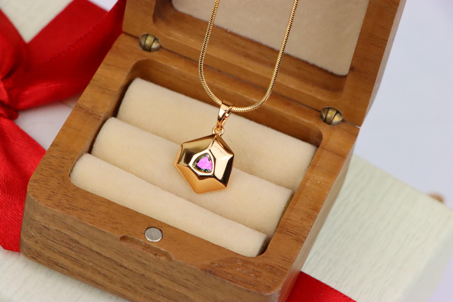 Gold-Plated Hexagon Pendant with Iridescent Rainbow Center Stone, XPPT1750 (2152-1)