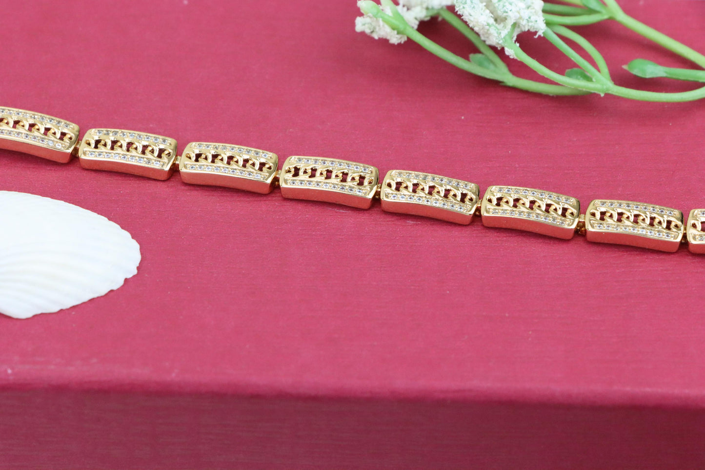 Rose Gold Rectangular Link Bracelet with Cubic Zirconia Accents, XPBL0971 (2097-10)