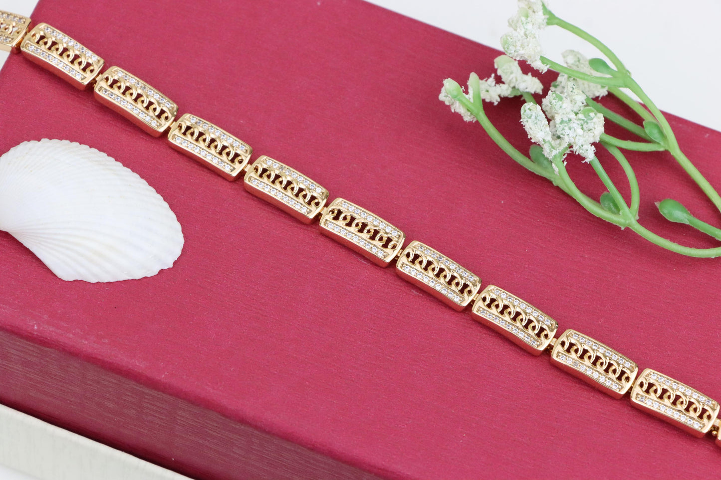 Rose Gold Rectangular Link Bracelet with Cubic Zirconia Accents, XPBL0971 (2097-10)