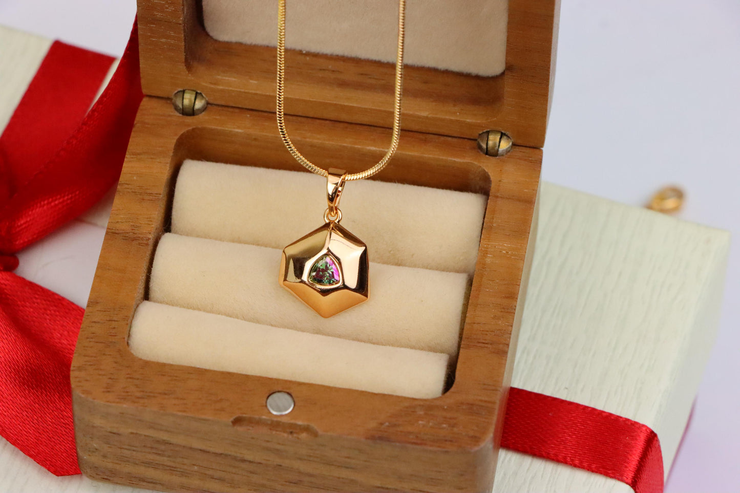 Gold-Plated Hexagon Pendant with Iridescent Rainbow Center Stone, XPPT1750 (2152-1)