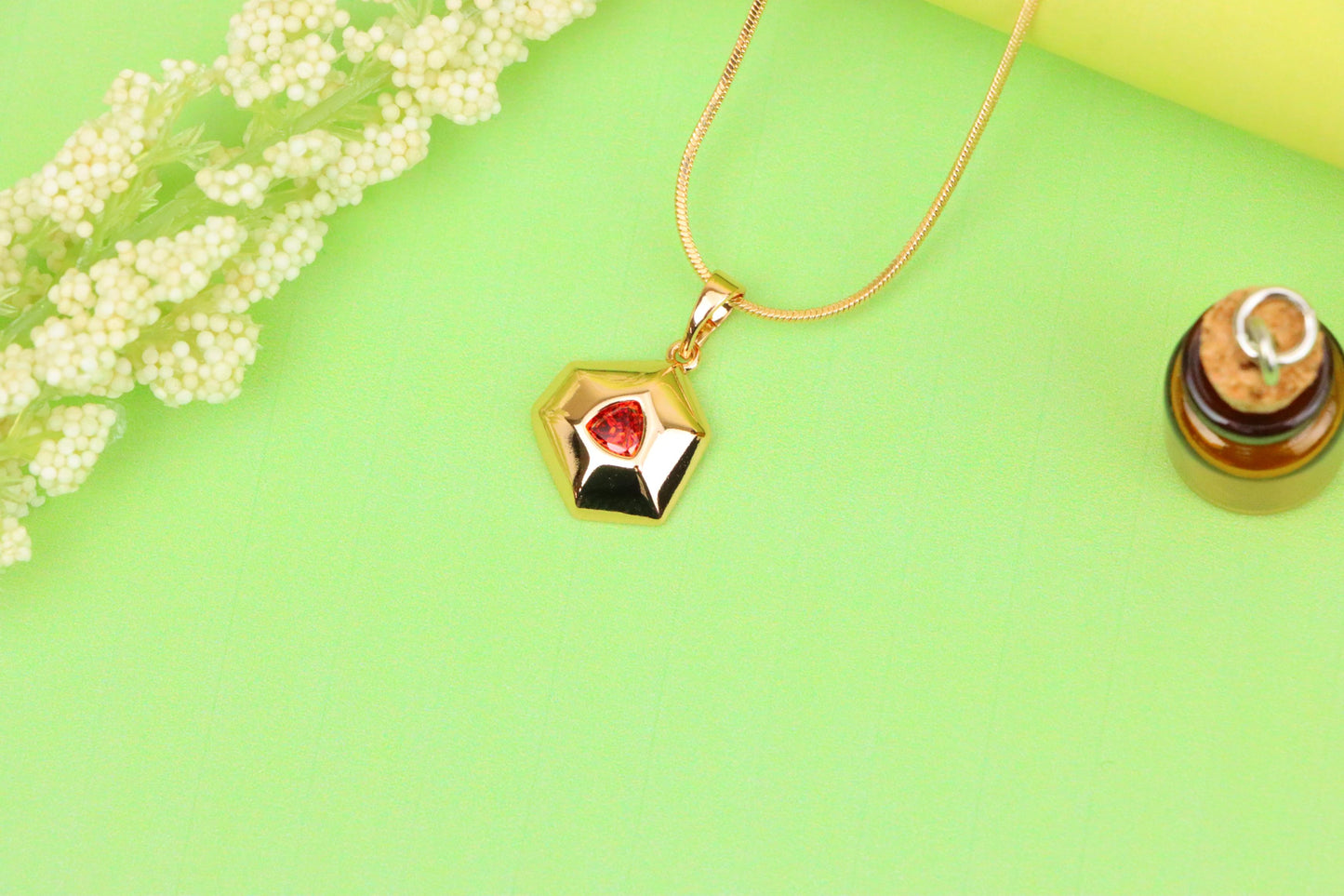 Gold-Plated Red Stone Pendant in Geometric Hexagon Design, XPPT1751 (2152-1)