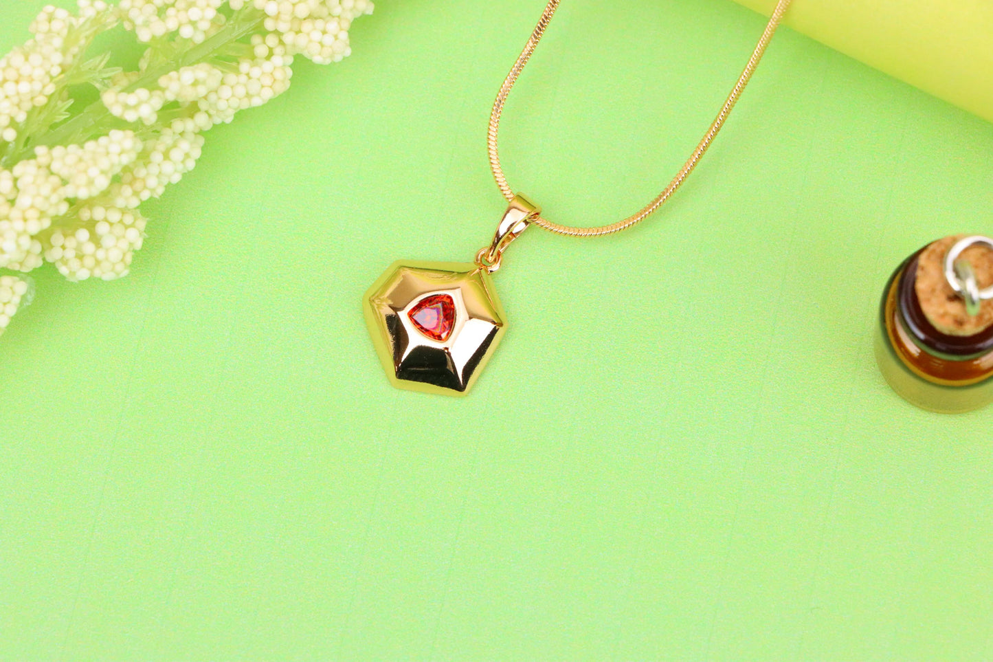 Gold-Plated Red Stone Pendant in Geometric Hexagon Design, XPPT1751 (2152-1)