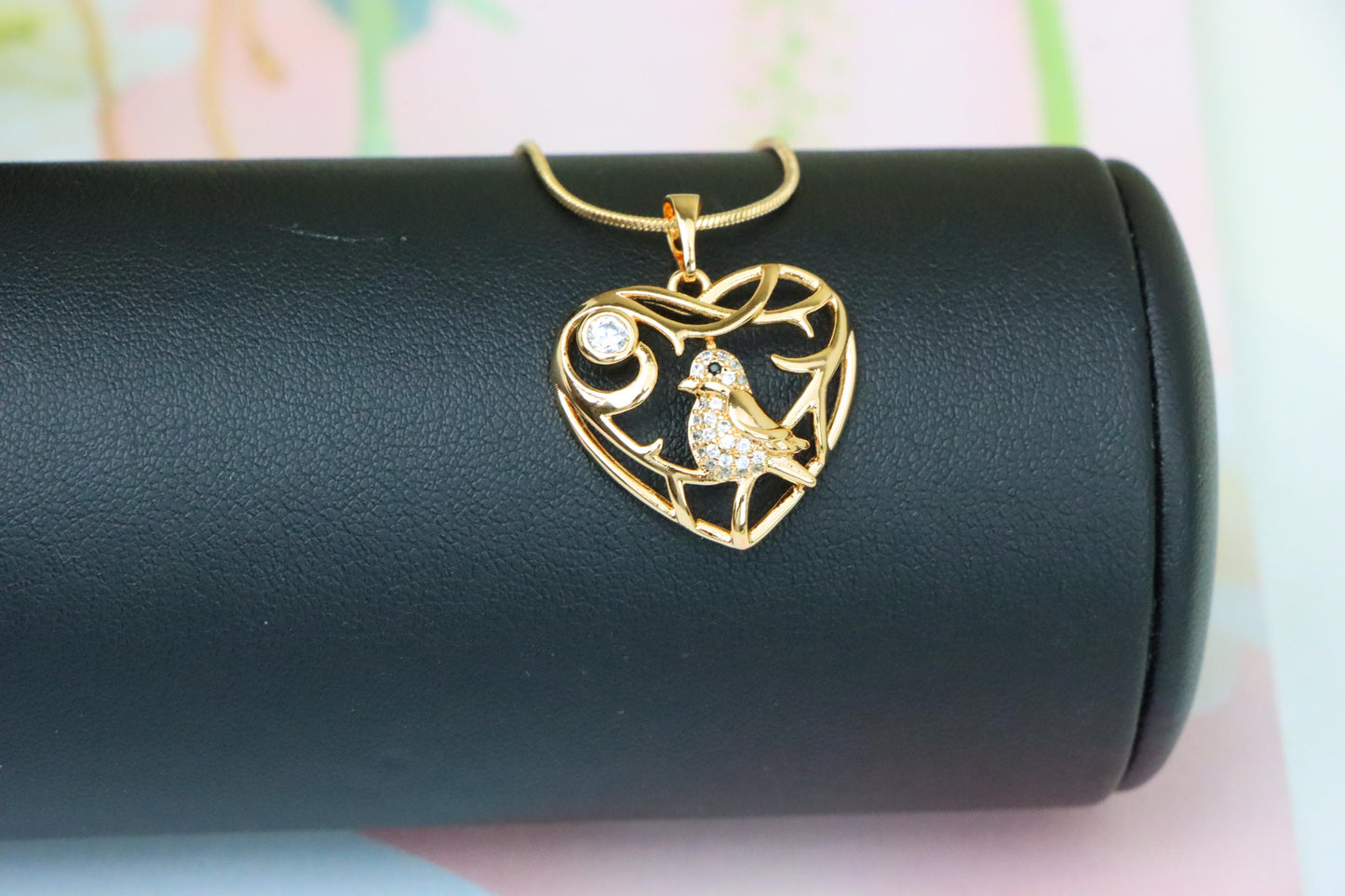 Heart Shaped Rose Gold Pendant with Bird and Branch Design, XPPT1297 (2130-3)