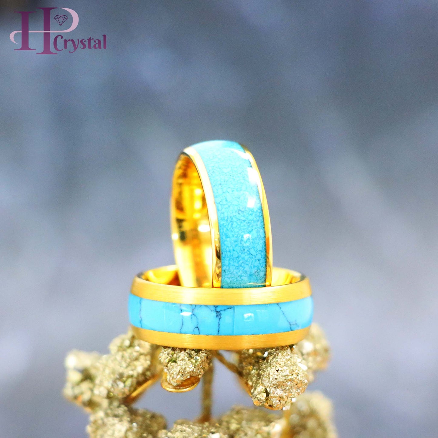Domed Yellow Gold Plated Blue Turquoise Inlay/ Crushed Turquoise Tungsten Ring - Men's Fashion Jewelry (MARET1091)