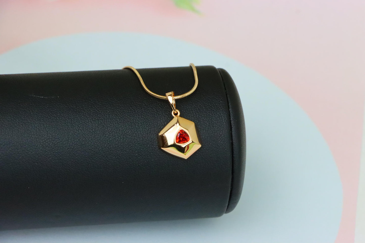 Gold-Plated Red Stone Pendant in Geometric Hexagon Design, XPPT1751 (2152-1)