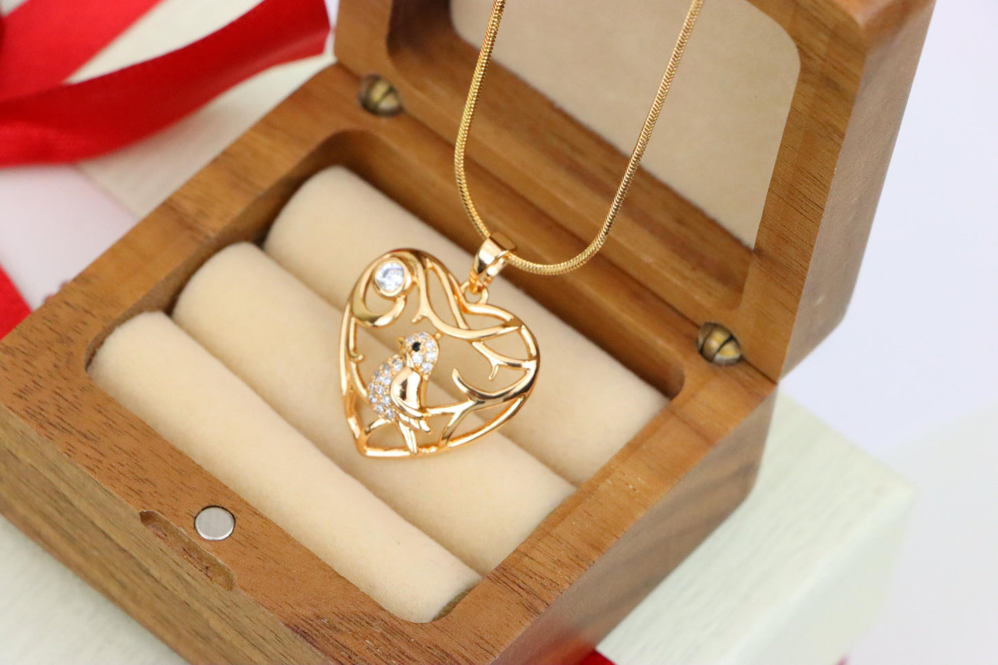 Heart Shaped Rose Gold Pendant with Bird and Branch Design, XPPT1297 (2130-3)