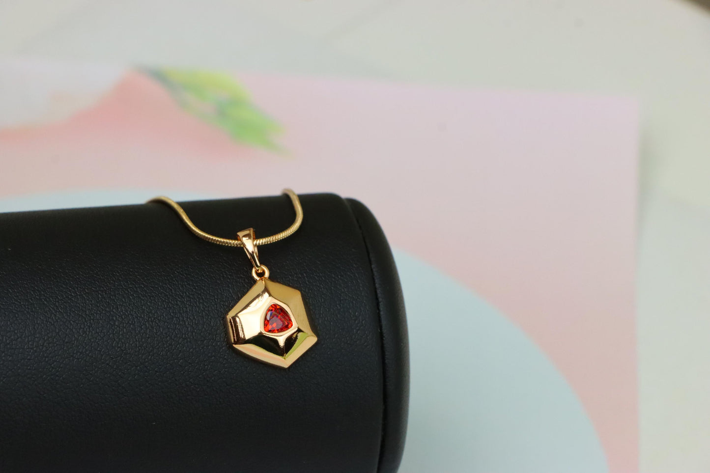 Gold-Plated Red Stone Pendant in Geometric Hexagon Design, XPPT1751 (2152-1)