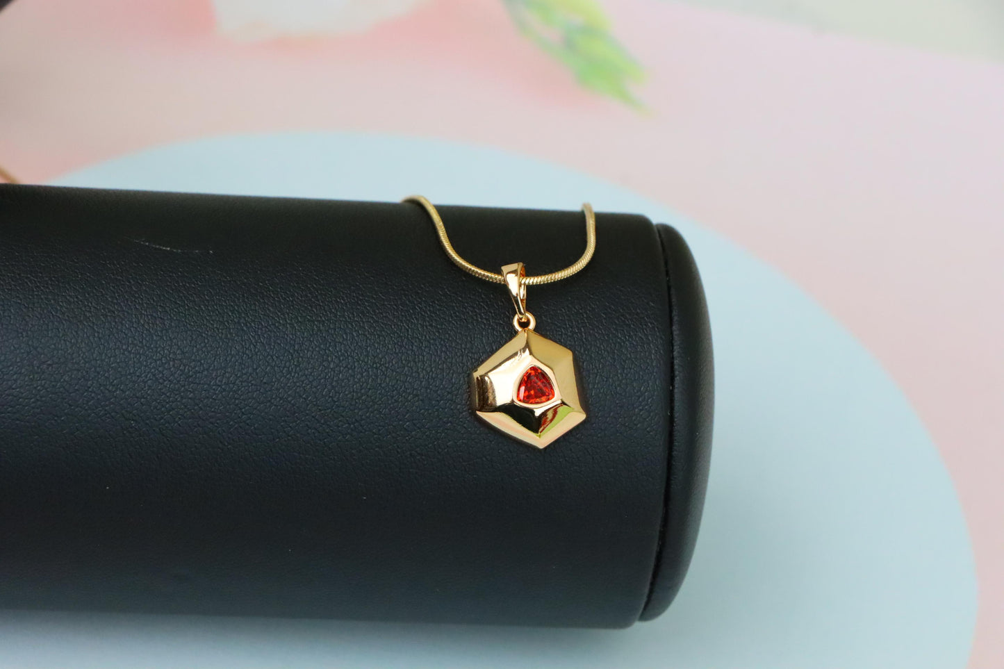 Gold-Plated Red Stone Pendant in Geometric Hexagon Design, XPPT1751 (2152-1)