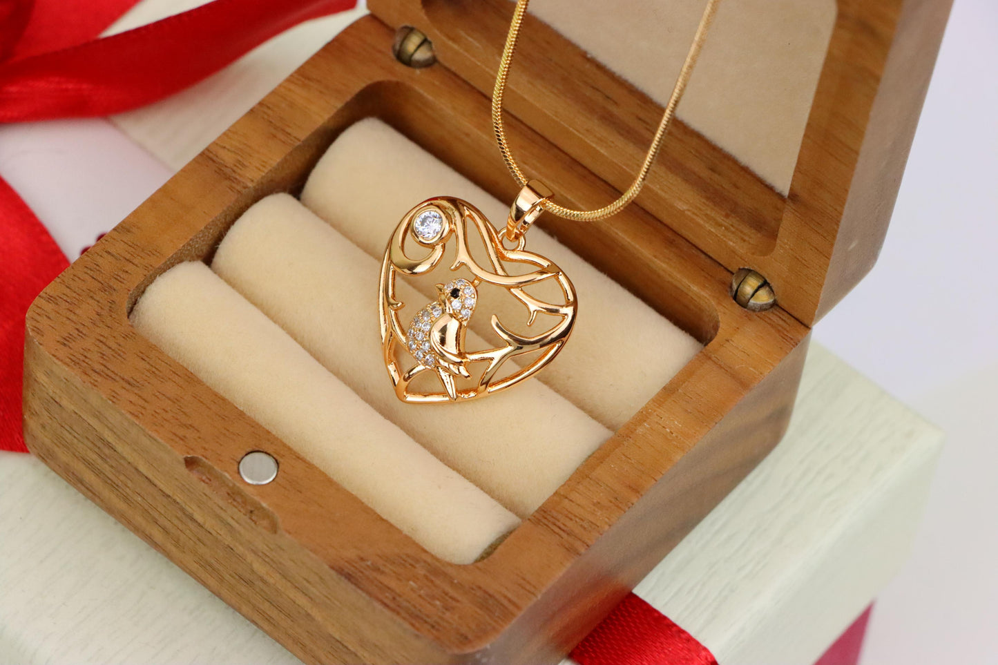 Heart Shaped Rose Gold Pendant with Bird and Branch Design, XPPT1297 (2130-3)