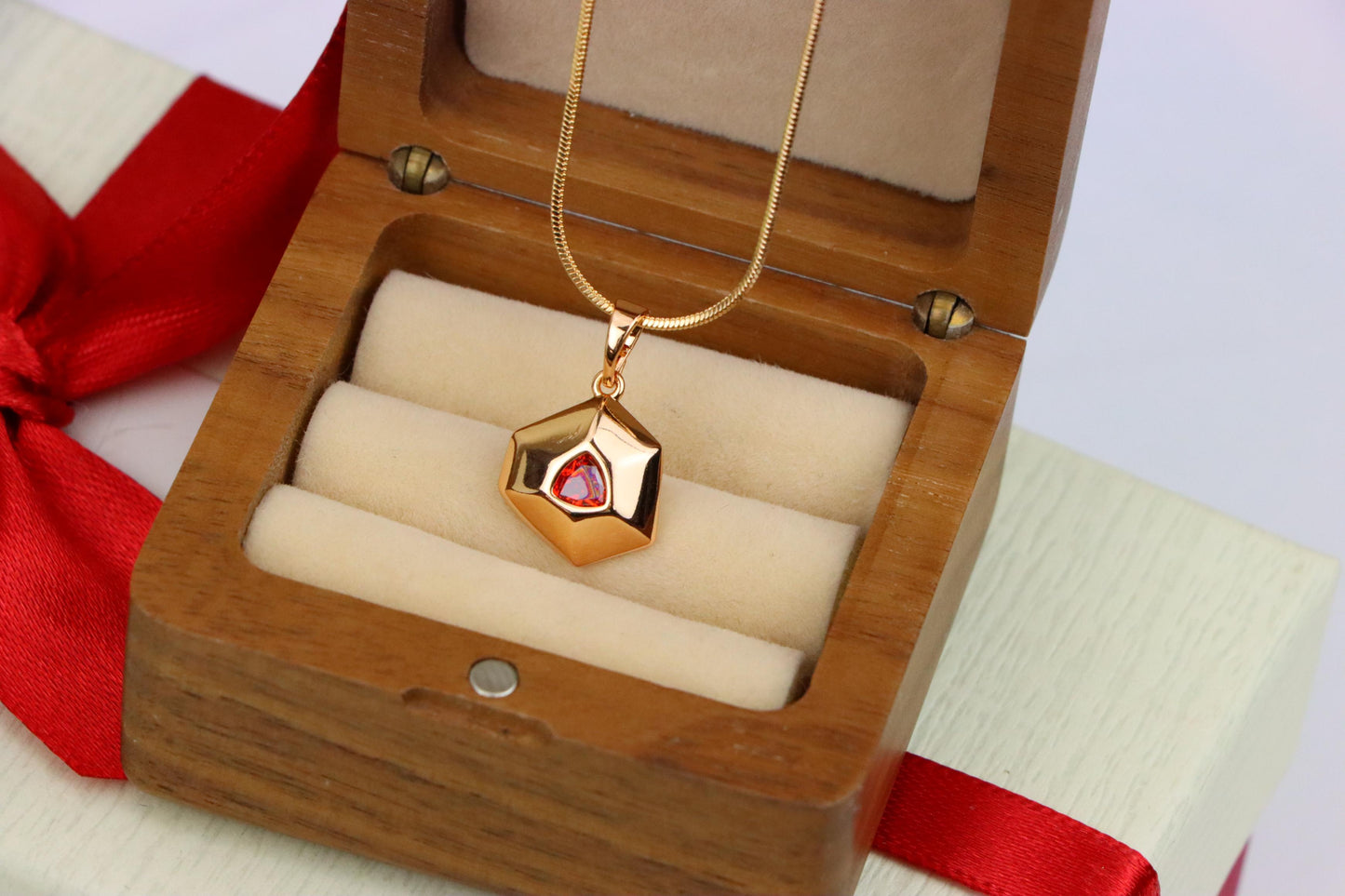 Gold-Plated Red Stone Pendant in Geometric Hexagon Design, XPPT1751 (2152-1)