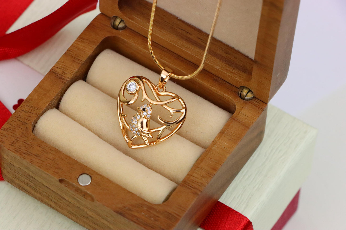 Heart Shaped Rose Gold Pendant with Bird and Branch Design, XPPT1297 (2130-3)