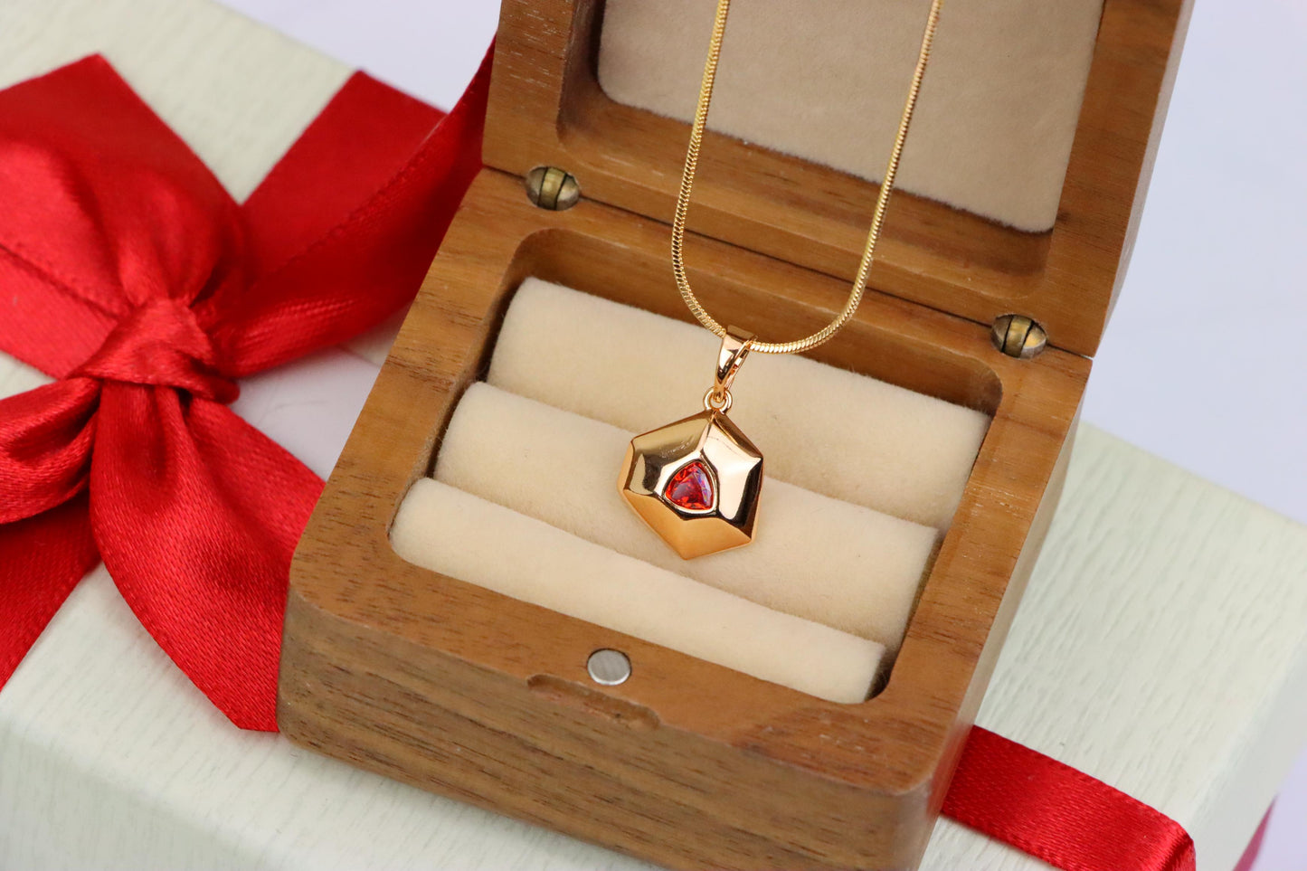 Gold-Plated Red Stone Pendant in Geometric Hexagon Design, XPPT1751 (2152-1)