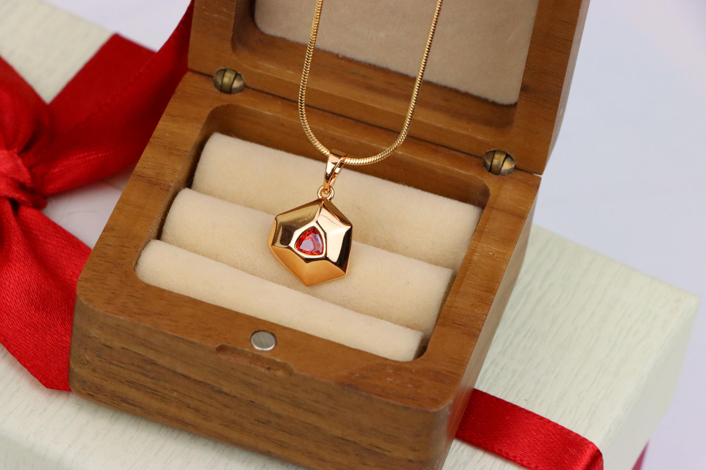 Gold-Plated Red Stone Pendant in Geometric Hexagon Design, XPPT1751 (2152-1)