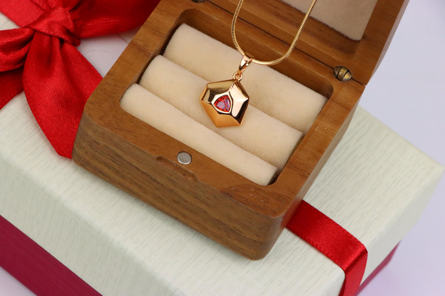 Gold-Plated Red Stone Pendant in Geometric Hexagon Design, XPPT1751 (2152-1)