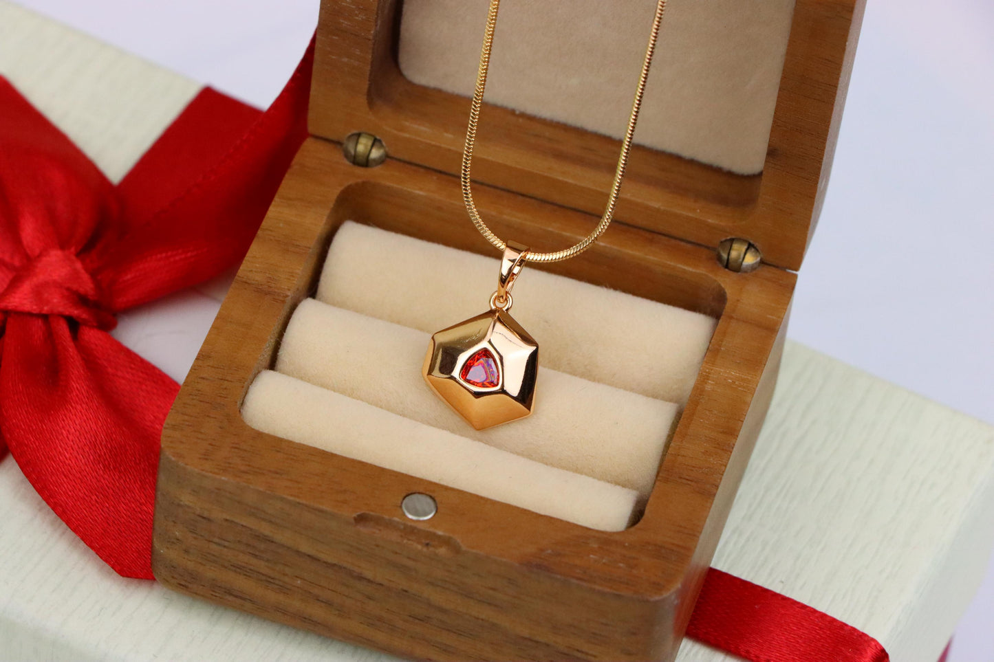 Gold-Plated Red Stone Pendant in Geometric Hexagon Design, XPPT1751 (2152-1)