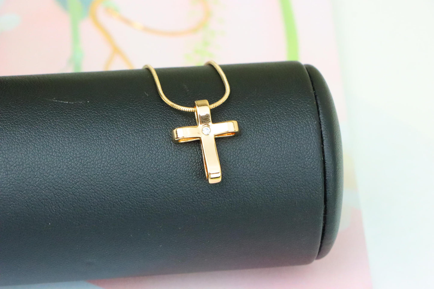 Minimalist Rose Gold Cross Pendant with Center Stone, XPPT1298 (2130-4)